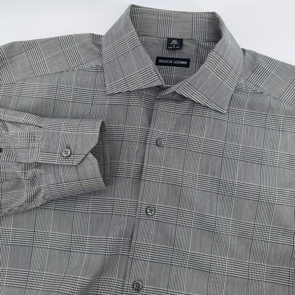 Bergdorf Goodman Mens‎ L Grey Glen Plaid Cotton Button Down Shirt Made in Italy